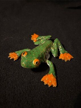 Frog Figurine Enamel Green Orange Gold